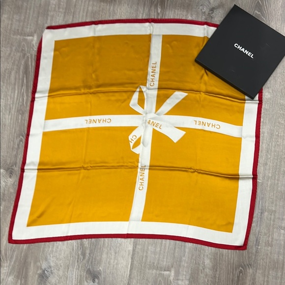CHANEL Mustard and Burgundy Silk Scarf